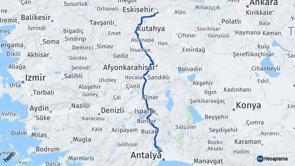 Antalya Döşemealtı Eskişehir Arası Kaç Km - Yol Haritası