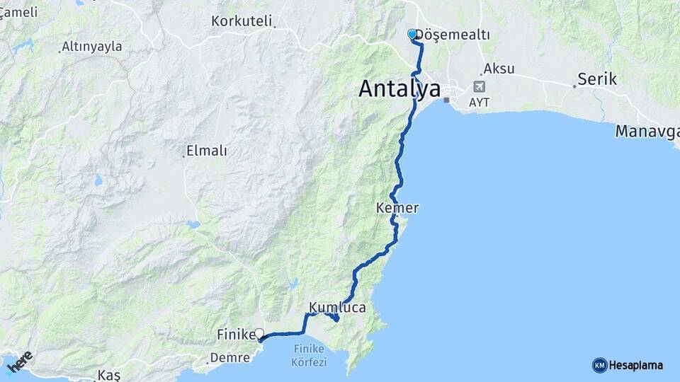 Antalya Döşemealtı Finike Arası Kaç Km - Yol Haritası