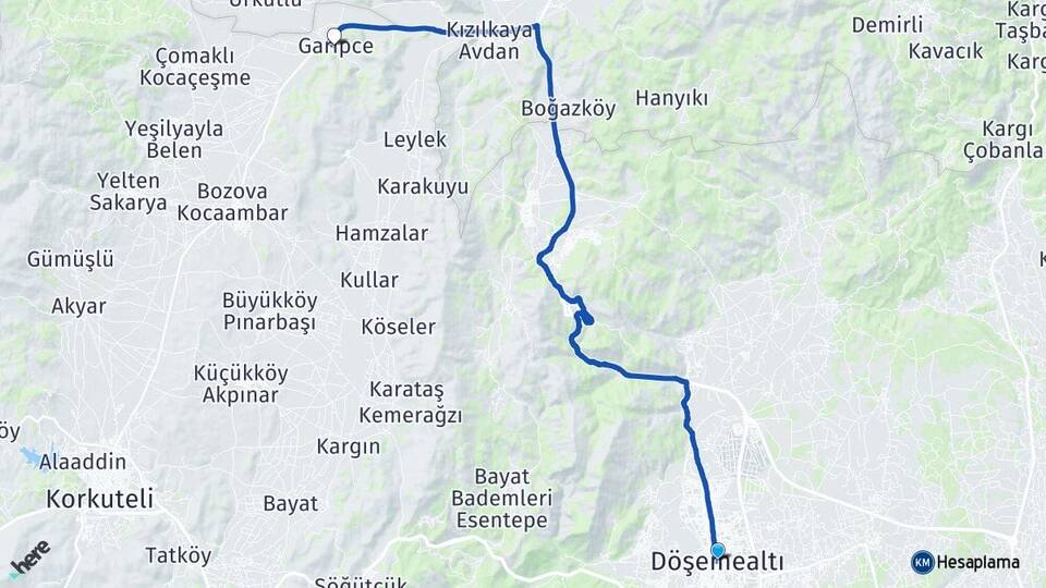 Antalya Döşemealtı Garipce Korkuteli Arası Kaç Km - Yol Haritası