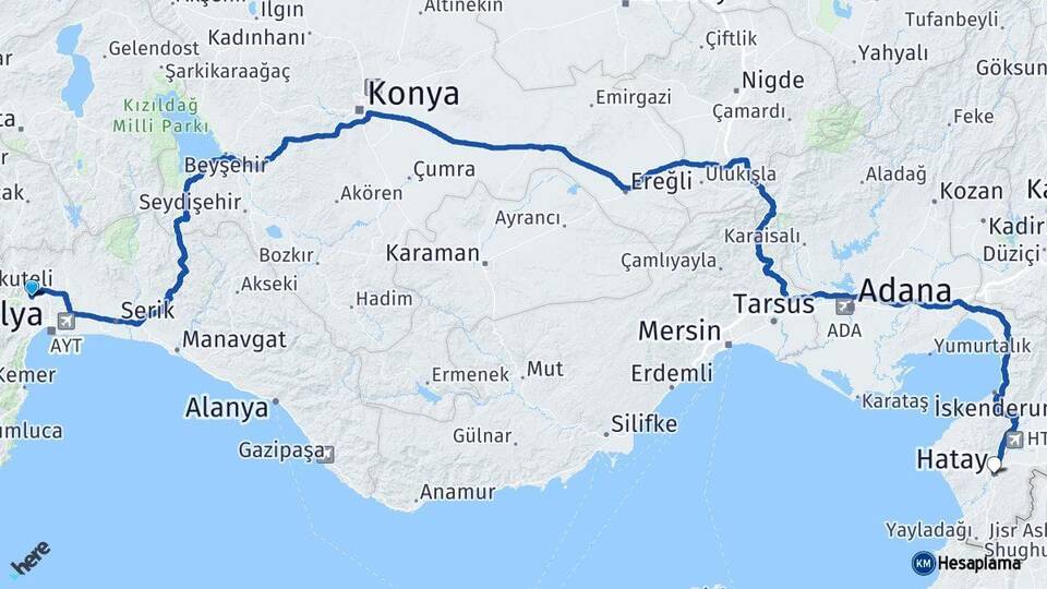 Antalya Döşemealtı Hatay Arası Kaç Km - Yol Haritası