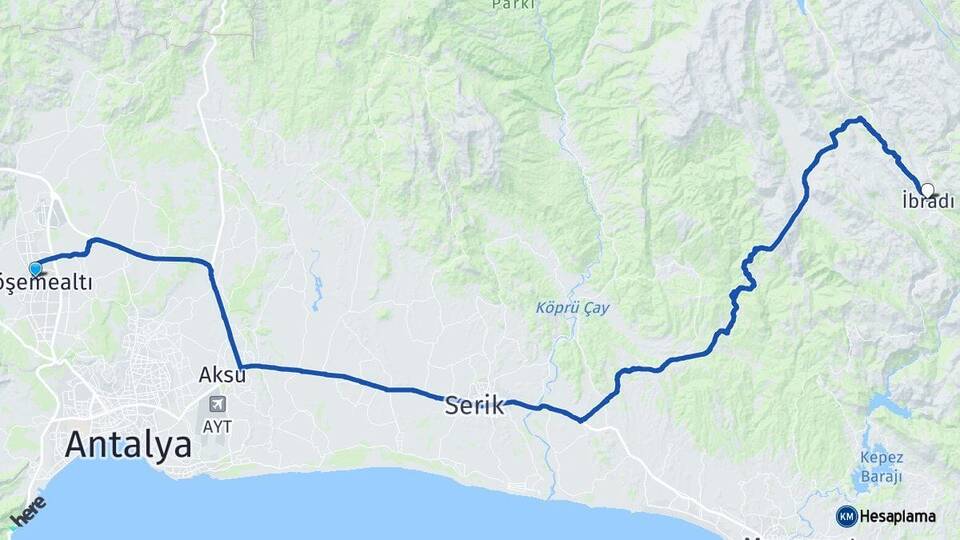 Antalya Döşemealtı İbradı Arası Kaç Km - Yol Haritası