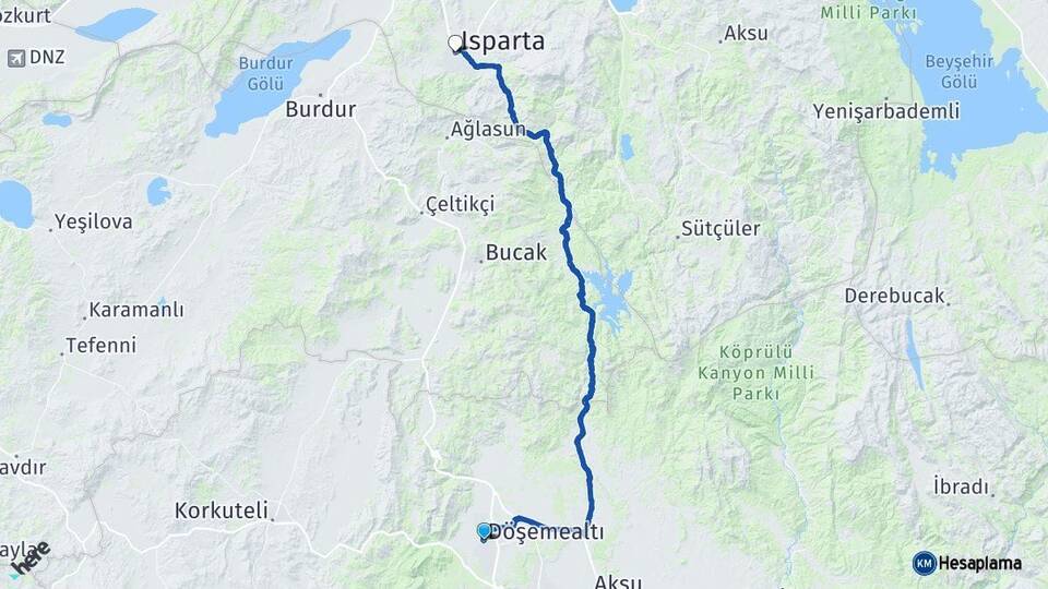 Antalya Döşemealtı Isparta Arası Kaç Km - Yol Haritası