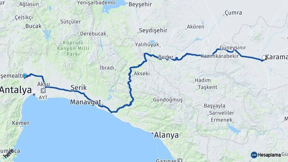 Antalya Döşemealtı Karaman Arası Kaç Km - Yol Haritası