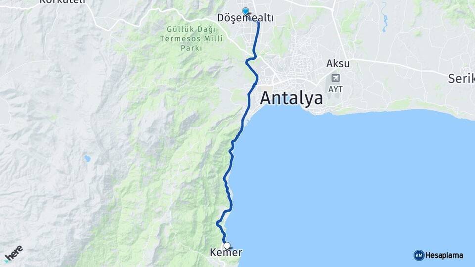 Antalya Döşemealtı Kemer Arası Kaç Km - Yol Haritası