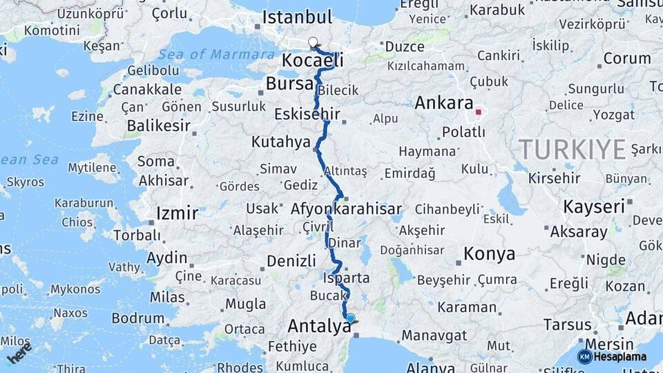 Antalya Döşemealtı Kocaeli Arası Kaç Km - Yol Haritası