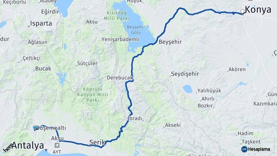 Antalya Döşemealtı Konya Arası Kaç Km - Yol Haritası