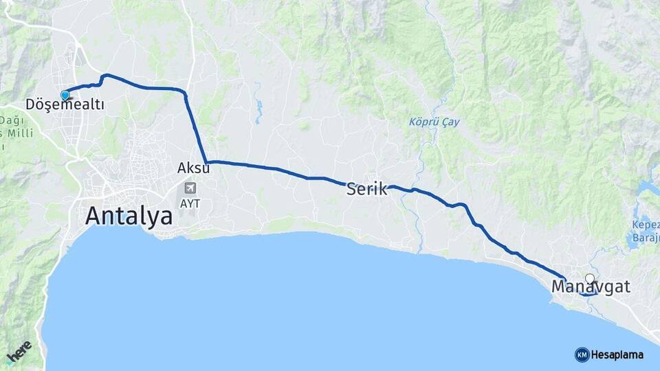 Antalya Döşemealtı Manavgat Arası Kaç Km - Yol Haritası