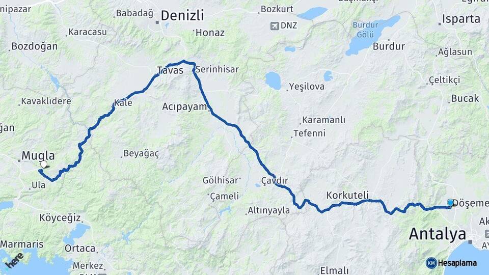 Antalya Döşemealtı Muğla Arası Kaç Km - Yol Haritası