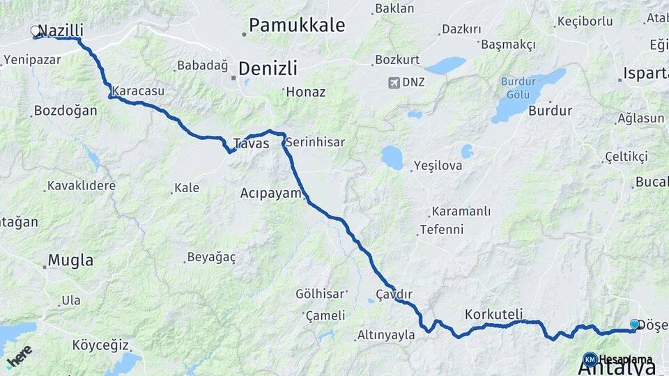 Antalya Döşemealtı Nazilli Aydın Arası Kaç Km - Yol Haritası