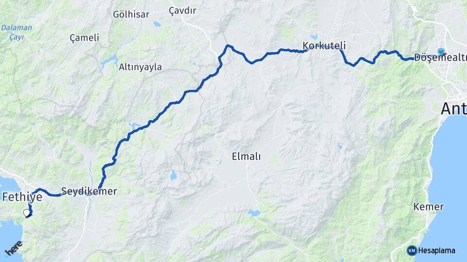 Antalya Döşemealtı Ölüdeniz Fethiye Muğla Arası Kaç Km - Yol Haritası
