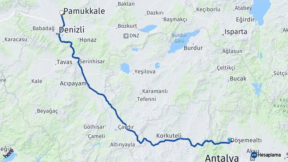 Antalya Döşemealtı Pamukkale Denizli Arası Kaç Km - Yol Haritası