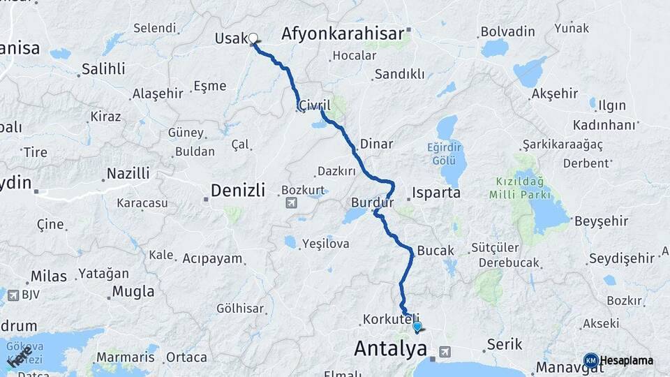 Antalya Döşemealtı Uşak Arası Kaç Km - Yol Haritası