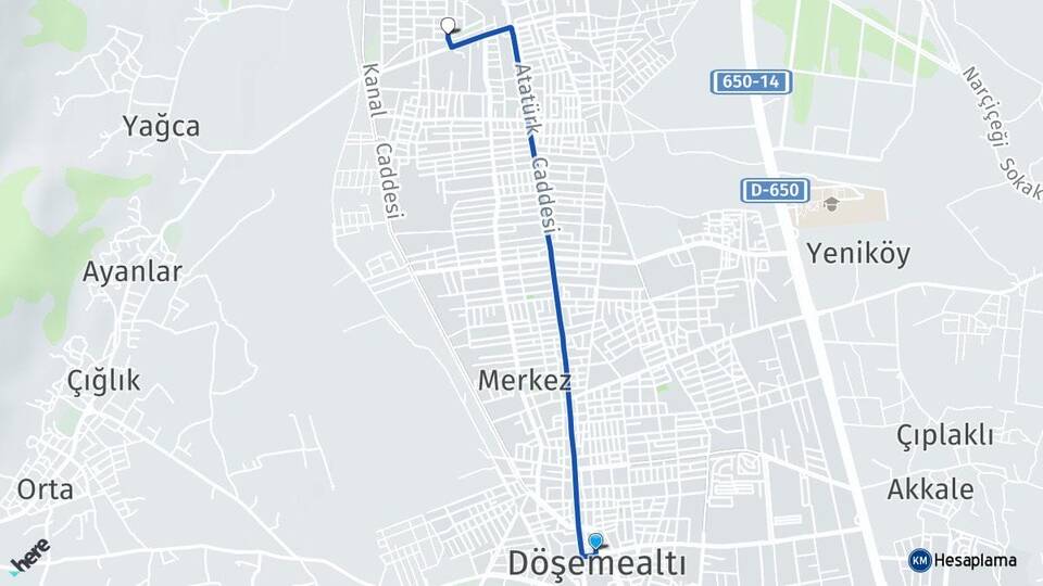 Antalya Döşemealtı Yağca Döşemealtı Arası Kaç Km - Yol Haritası