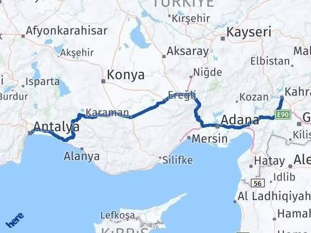 Antalya Dulkadiroğlu Kahramanmaraş Arası Kaç Km - Yol Haritası