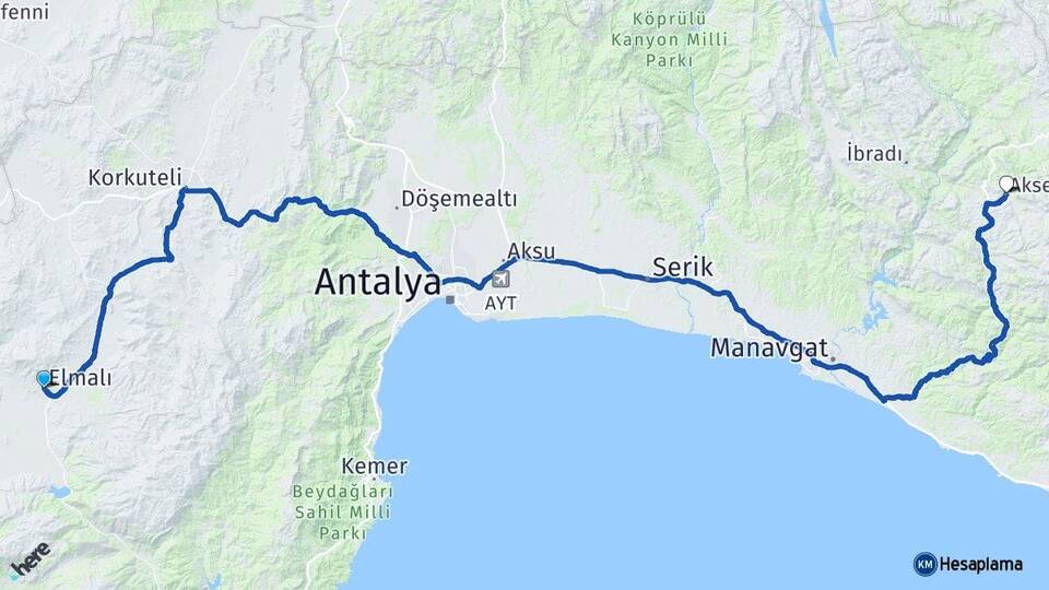 Antalya Elmalı Akseki Arası Kaç Km - Yol Haritası