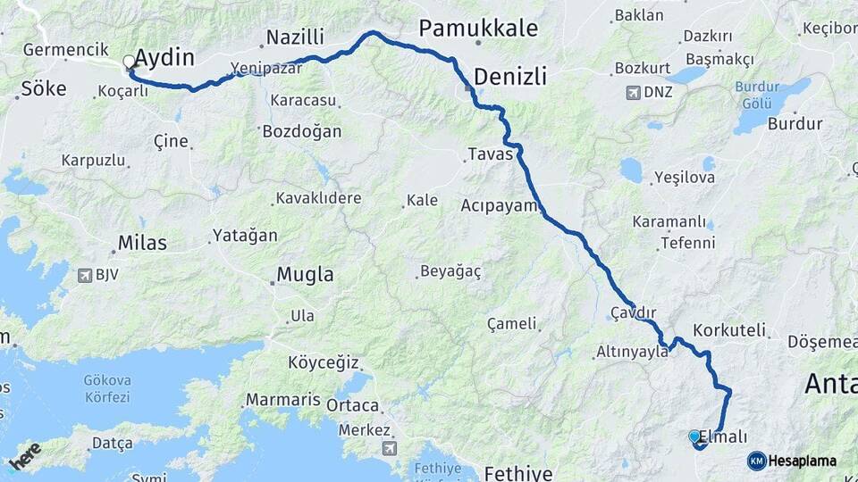 Antalya Elmalı Aydın Arası Kaç Km - Yol Haritası