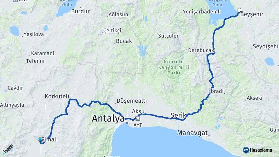 Antalya Elmalı Beyşehir Konya Arası Kaç Km - Yol Haritası