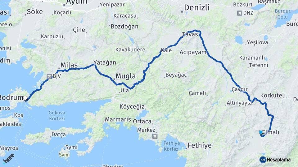 Antalya Elmalı Bodrum Muğla Arası Kaç Km - Yol Haritası