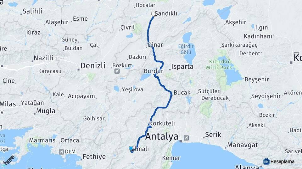 Antalya Elmalı Sandıklı Afyonkarahisar Arası Kaç Km - Yol Haritası