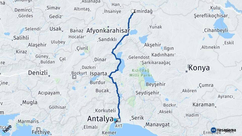 Antalya Emirdağ Afyonkarahisar Arası Kaç Km - Yol Haritası