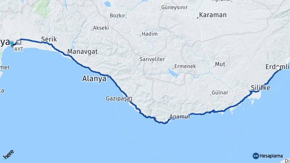 Antalya Erdemli Mersin Arası Kaç Km - Yol Haritası