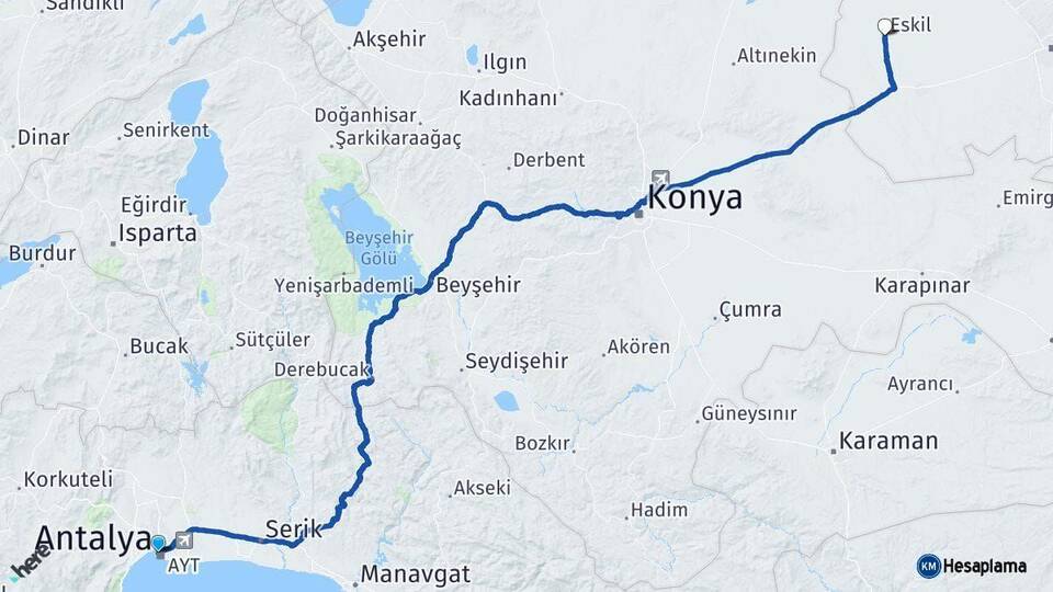Antalya Eskil Aksaray Arası Kaç Km - Yol Haritası