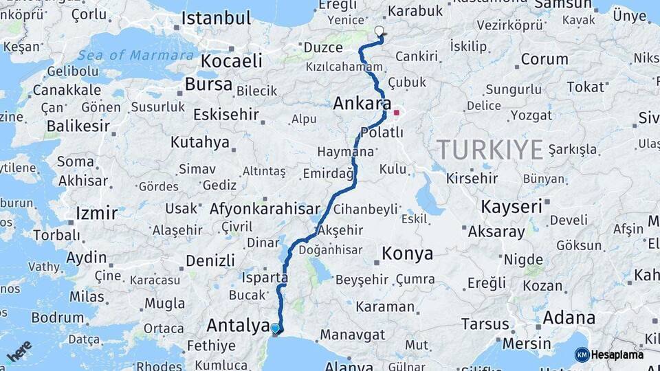 Antalya Eskipazar Karabük Arası Kaç Km - Yol Haritası