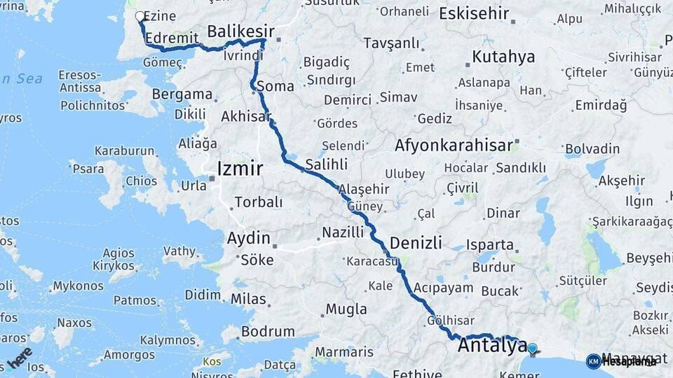 Antalya Ezine Çanakkale Arası Kaç Km - Yol Haritası