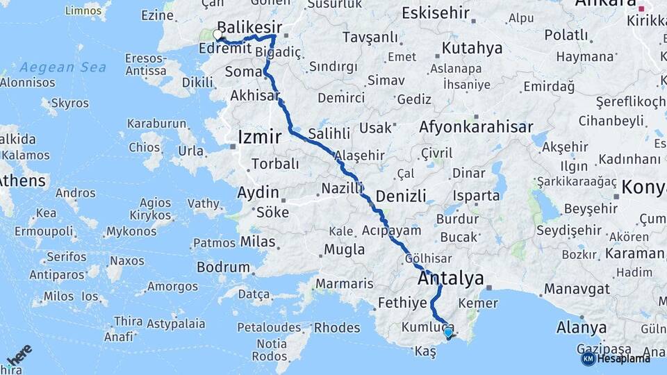Antalya Finike Akçay Edremit Balıkesir Arası Kaç Km - Yol Haritası