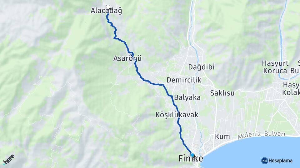 Antalya Finike Alacadağ Finike Arası Kaç Km - Yol Haritası
