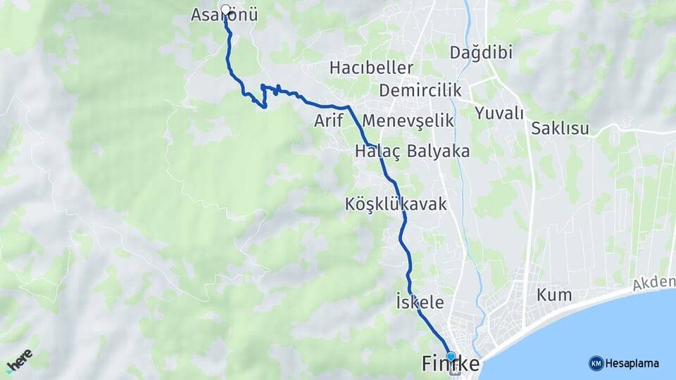 Antalya Finike Asarönü Finike Arası Kaç Km - Yol Haritası