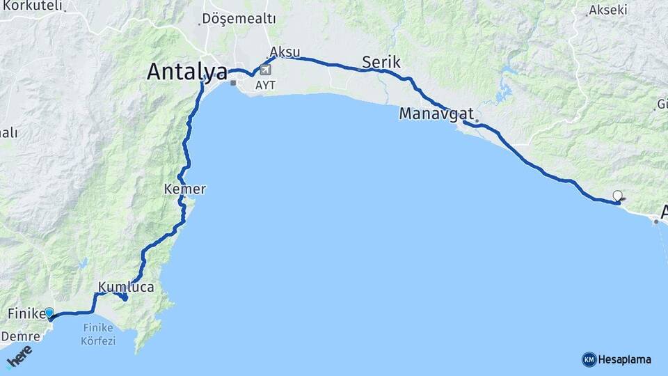 Antalya Finike Konaklı Alanya Arası Kaç Km - Yol Haritası
