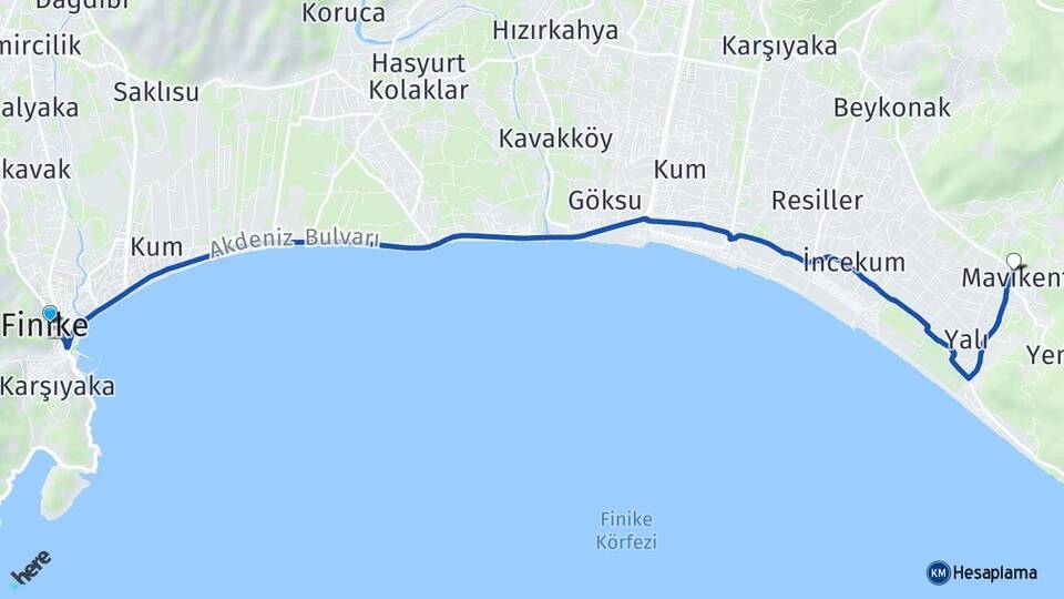 Antalya Finike Mavikent Kumluca Arası Kaç Km - Yol Haritası