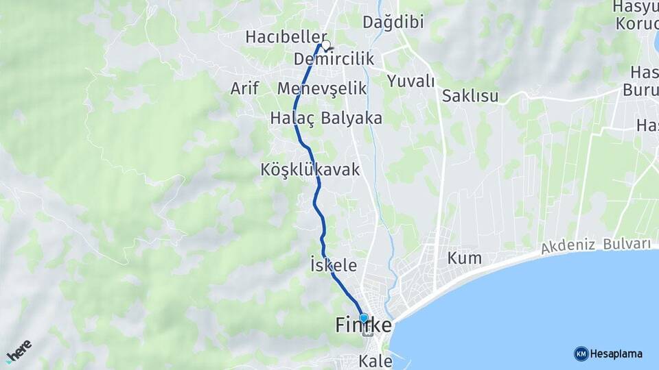 Antalya Finike Turunçova Finike Arası Kaç Km - Yol Haritası