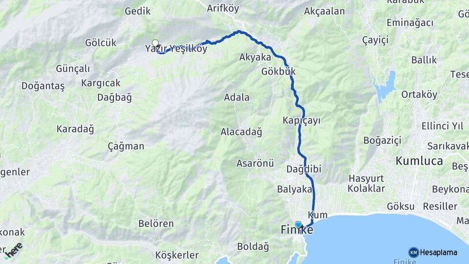 Antalya Finike Yazır Finike Arası Kaç Km - Yol Haritası
