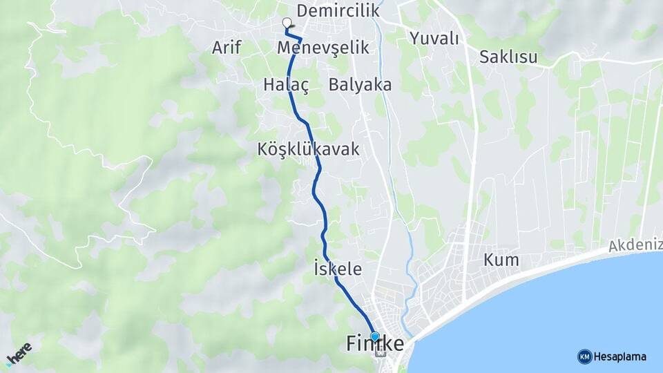 Antalya Finike Yeşilyurt Finike Arası Kaç Km - Yol Haritası