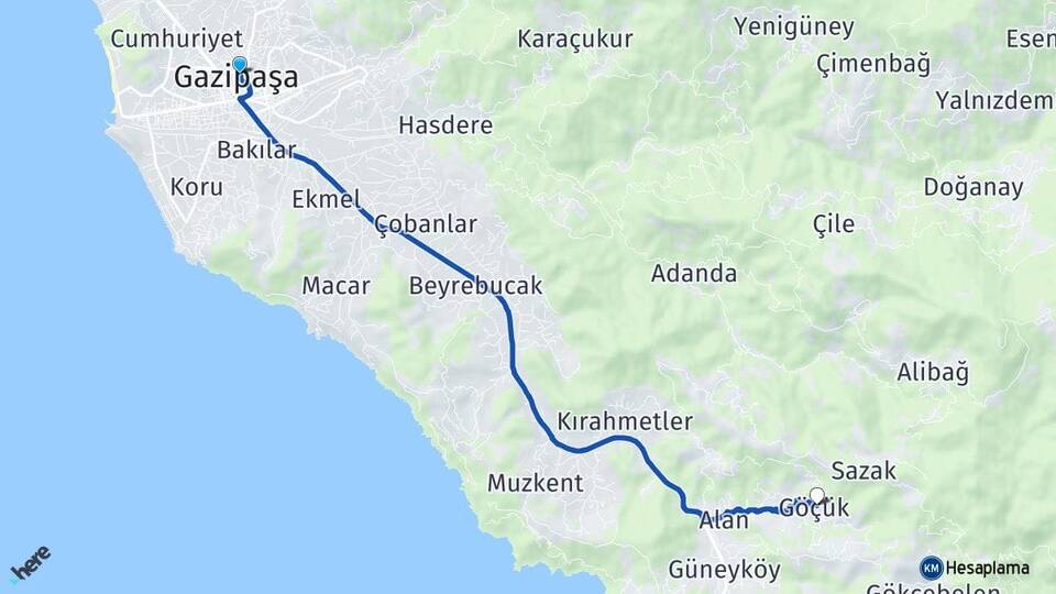Antalya Gazipaşa Göçük Gazipaşa Arası Kaç Km - Yol Haritası