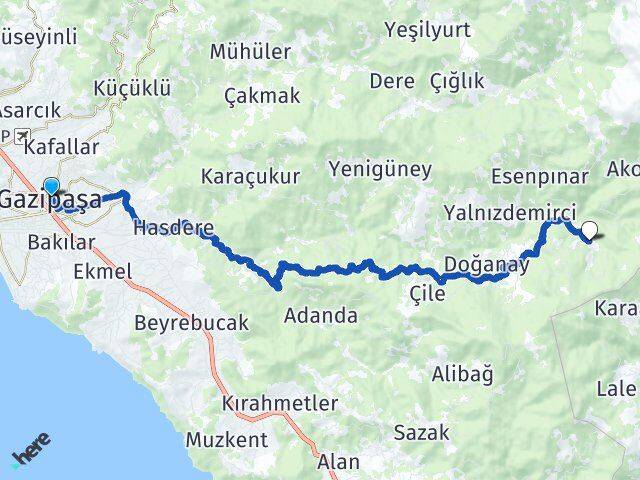 Antalya Gazipaşa Gökçesaray Gazipaşa Arası Kaç Km - Yol Haritası