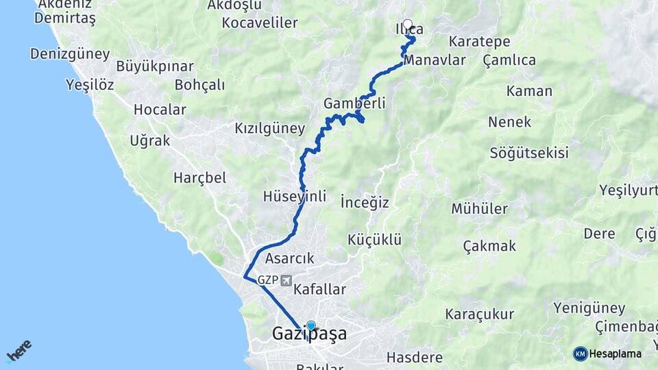 Antalya Gazipaşa Ilıca Gazipaşa Arası Kaç Km - Yol Haritası