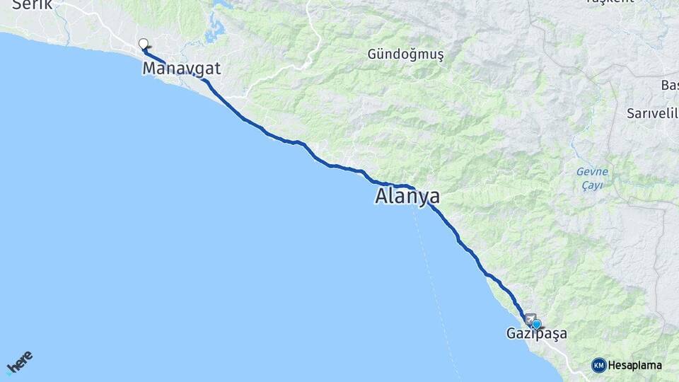 Antalya Gazipaşa Ilıca Manavgat Arası Kaç Km - Yol Haritası