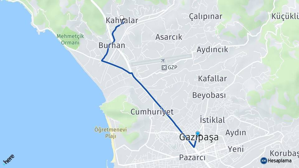 Antalya Gazipaşa Kahyalar Gazipaşa Arası Kaç Km - Yol Haritası