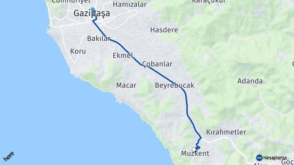 Antalya Gazipaşa Muzkent Gazipaşa Arası Kaç Km - Yol Haritası