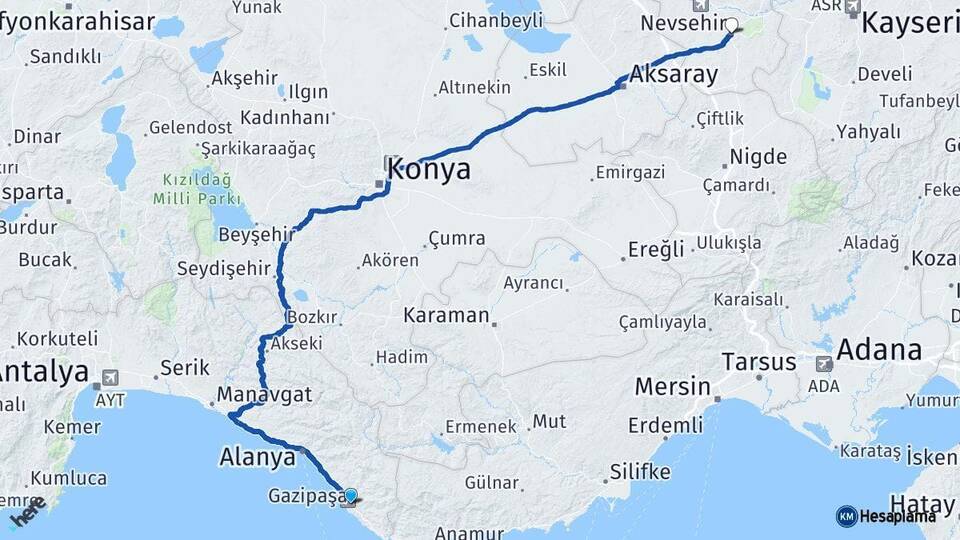 Antalya Gazipaşa Nevşehir Arası Kaç Km - Yol Haritası