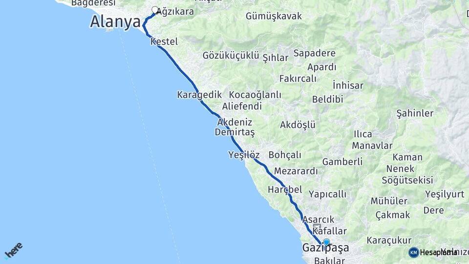 Antalya Gazipaşa Oba Alanya Arası Kaç Km - Yol Haritası
