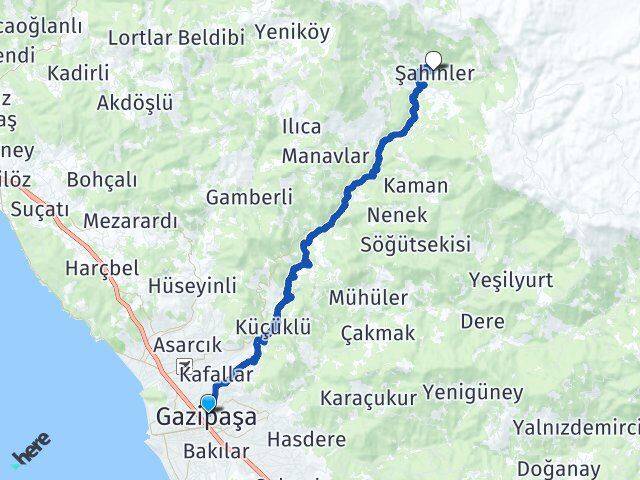 Antalya Gazipaşa Şahinler Gazipaşa Arası Kaç Km - Yol Haritası