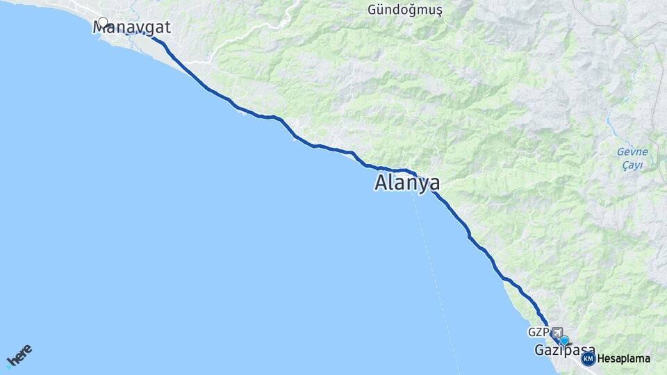 Antalya Gazipaşa Side Manavgat Arası Kaç Km - Yol Haritası