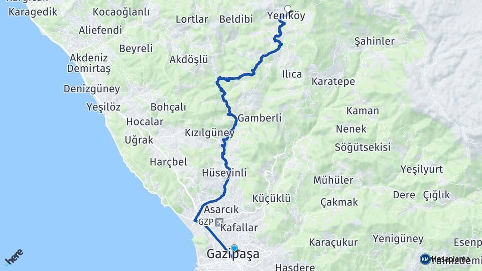 Antalya Gazipaşa Yeniköy Gazipaşa Arası Kaç Km - Yol Haritası