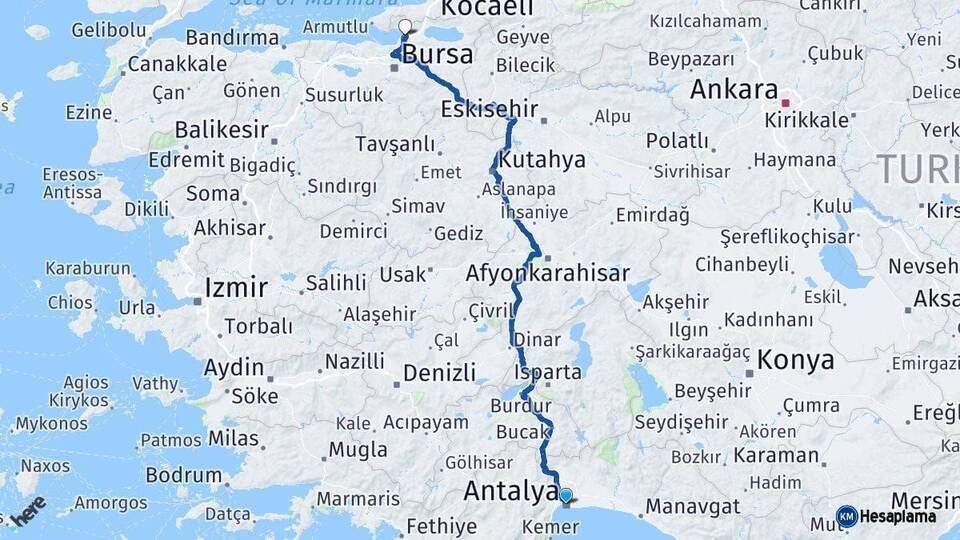 Antalya Gemlik Bursa Arası Kaç Km - Yol Haritası