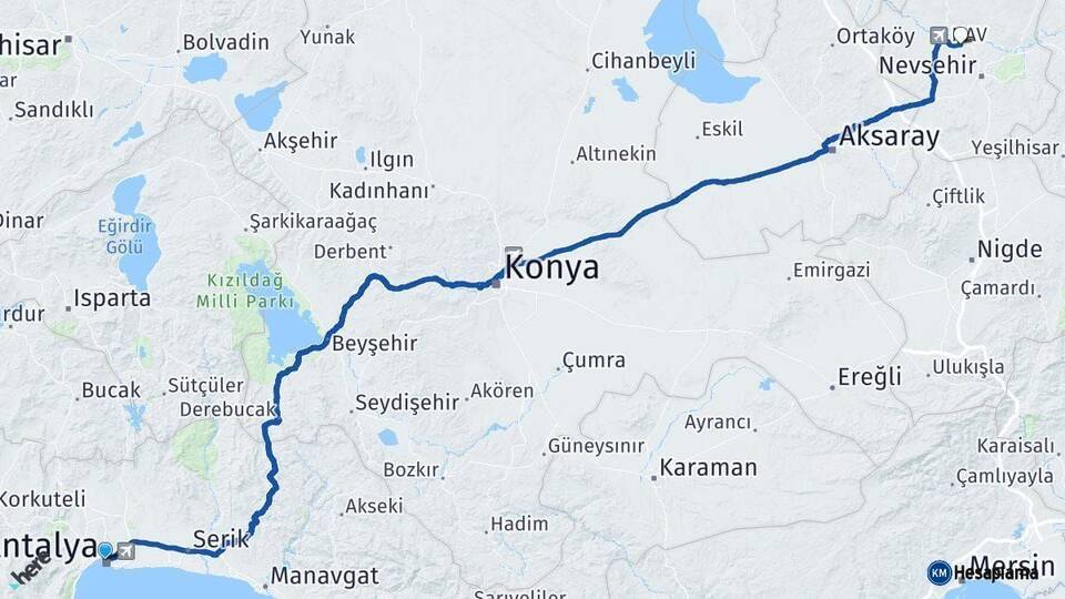 Antalya Gülşehir Nevşehir Arası Kaç Km - Yol Haritası