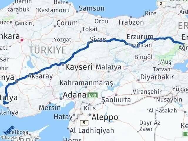 Antalya Gündoğmuş Ağrı Arası Kaç Km - Yol Haritası